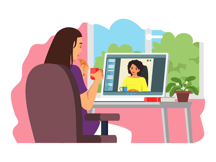 Woman sat in front of her computer, trying therapy from home.
